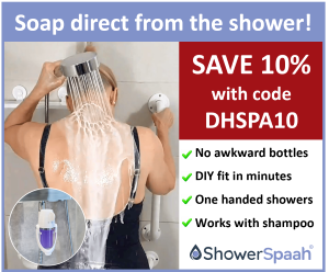ShowerSpeesh advert showing a woman washing her back with a showerhead that dispenses soap. Save 10% with code DHSPA10.