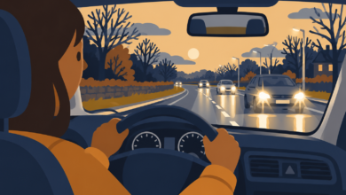 Flat cartoon illustration of a driver navigating a wet road at dusk, with bright oncoming headlights reflecting off the road, bare winter trees and streetlights.