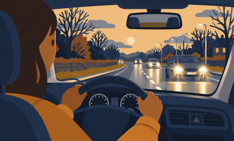 Flat cartoon illustration of a driver navigating a wet road at dusk, with bright oncoming headlights reflecting off the road, bare winter trees and streetlights.