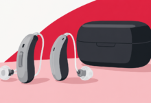 Two grey behind-the-ear hearing aids beside a black charging case, against a red, pink and white background.