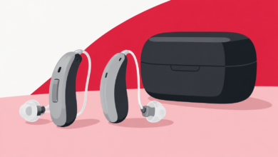Two grey behind-the-ear hearing aids beside a black charging case, against a red, pink and white background.
