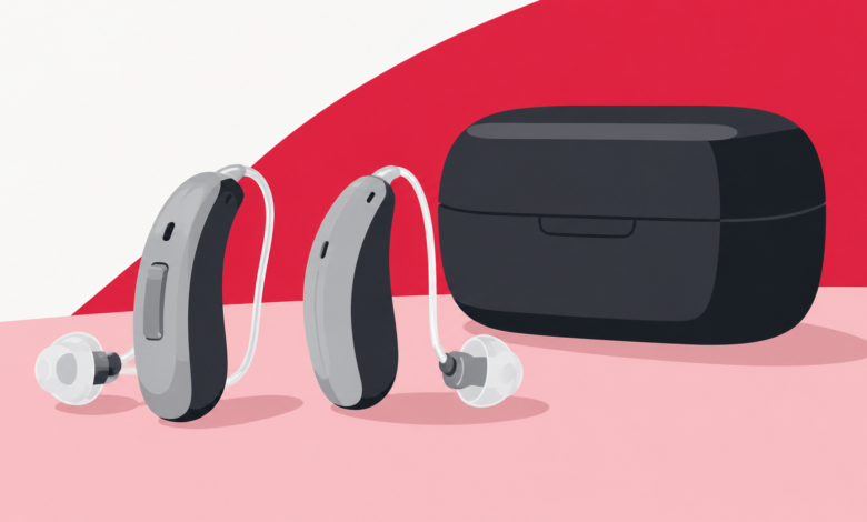 Two grey behind-the-ear hearing aids beside a black charging case, against a red, pink and white background.