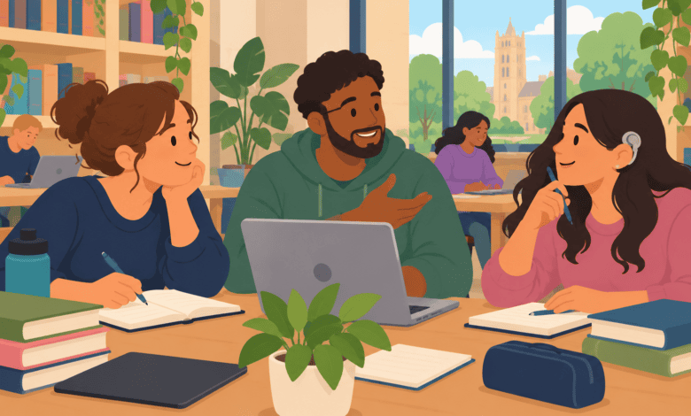 Three adults studying together around a laptop in a university library, including a woman wearing a hearing aid, with books and notebooks on the table.