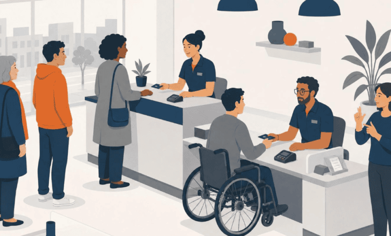 Two receptionists assist customers at a service desk, including a wheelchair user, while others wait nearby.