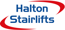 Halton Stairlifts logo featuring blue lettering with two curved red swooshes.